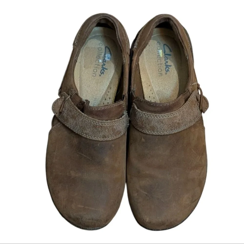 Clarks Roseville Dot Brown Leather Comfort Loafers size 6M tan distressed clog